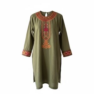 Ethnic Green Embroidered Pakistani Cotton Phiran 3/4 Sleeve Dress Women's Small